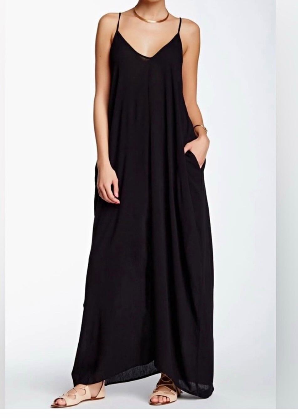 Lovestitch Womens Black V Neck Strappy no sleeve Maxi Dress flowy Pockets Sz S/M